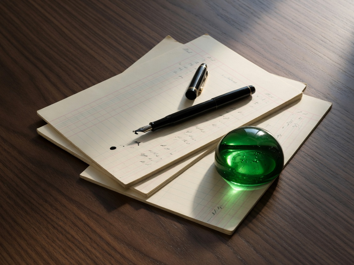 Ledger sheets and a fountain pen on a walnut desk